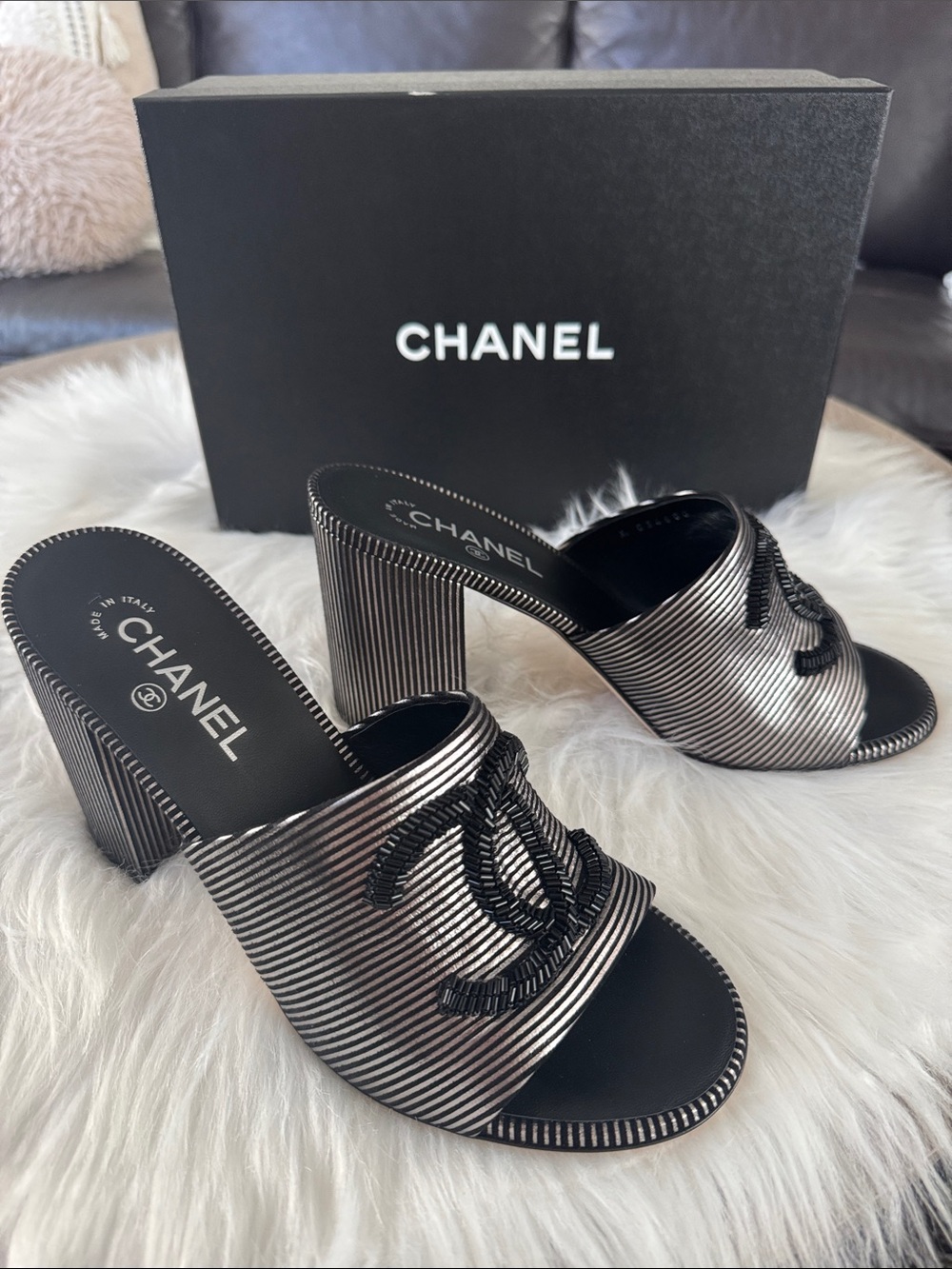 NWT CHANEL Fantasy Calfskin Black & Silver Striped Block Heel Sandals size 41